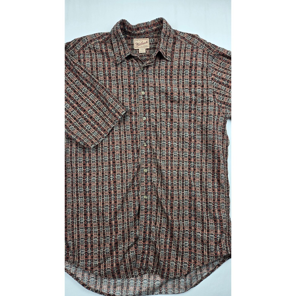 Woolrich Mens Vintage Shirt Large Short Sleeve Geometric Made in USA Button Down
